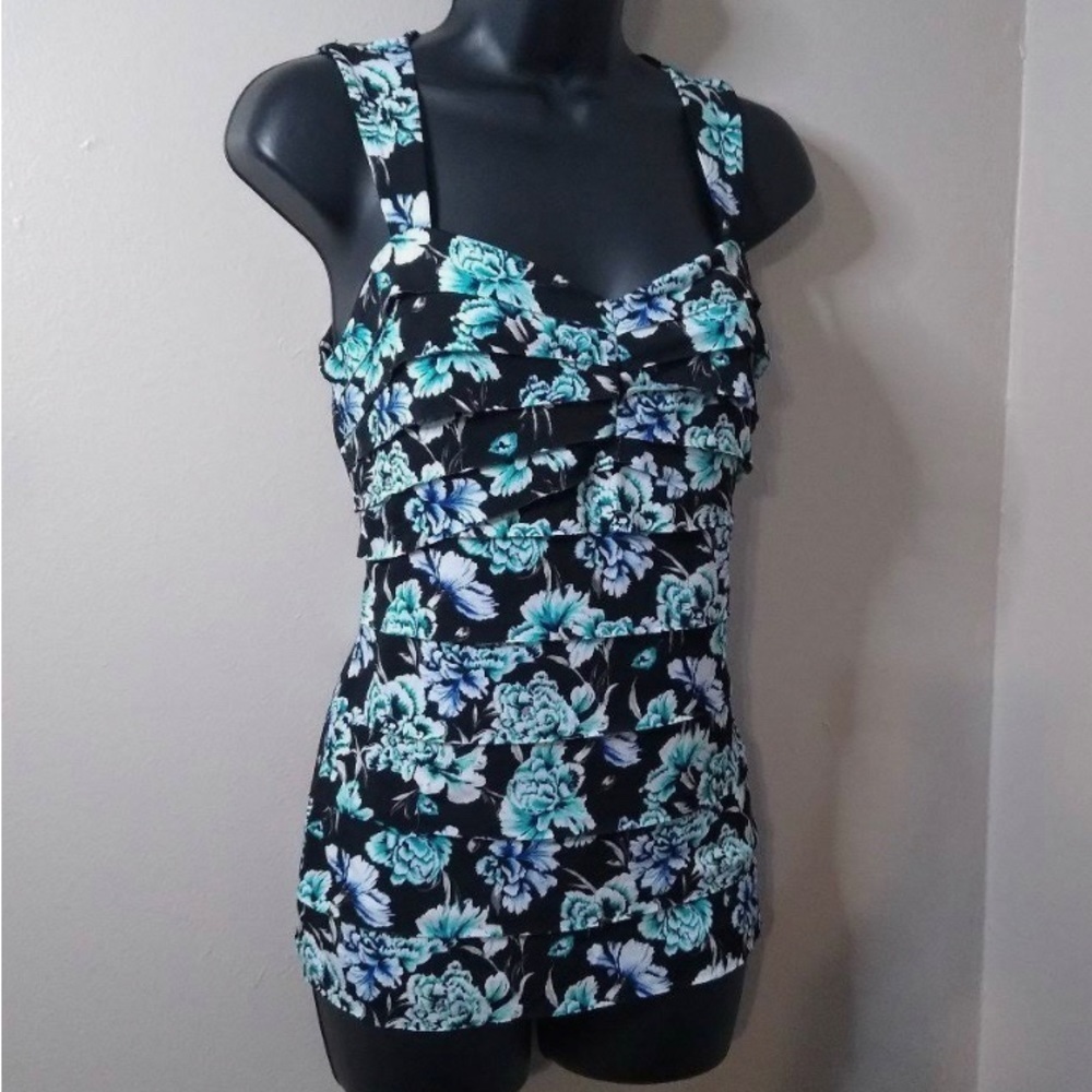 White House Black Market size medium blue & black floral ruffle sleeveless top.